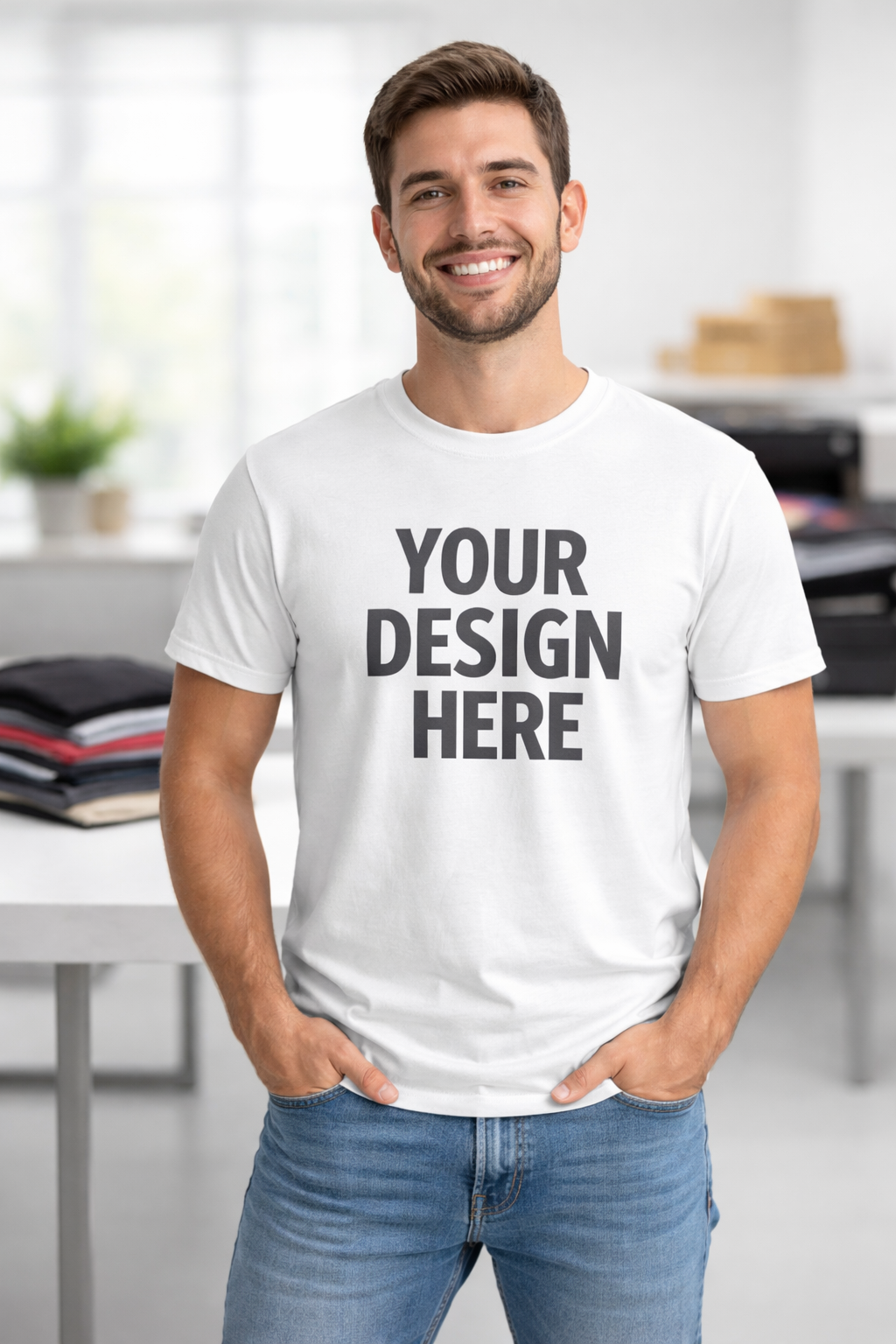 Model wearing a custom printed t-shirt